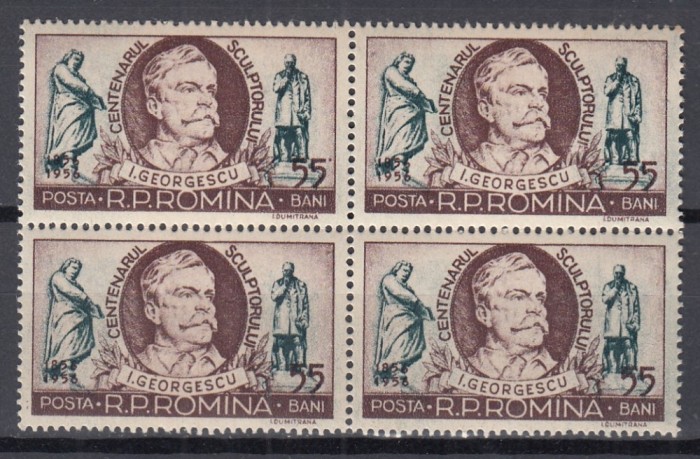 ROMANIA 1956 LP 412 CENTENARUL NASTERII SCULPTORULUI I.GEORGESCU BLOC DE 4 TIMBE STARE MNH