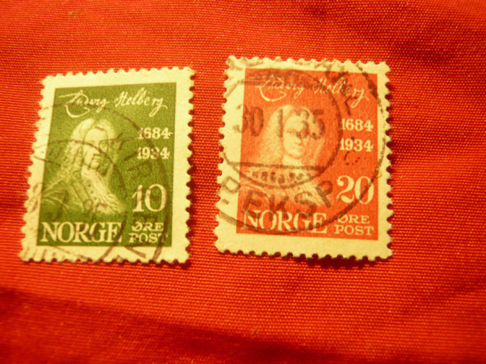 2 Timbre Norvegia 1934 -Personalitati - 250 Ani L.Halberg : 10 si 20o stampilat