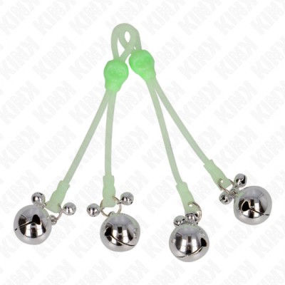 KINK - LUMINOUS SKULL NIPPLE CLAMPS WITH RING BELLS ADJUSTABLE GREEN / SILVER foto