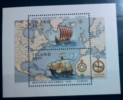Islanda 1992 nave cu p&amp;acirc;nze, corăbii Columb bloc neștampilata foto