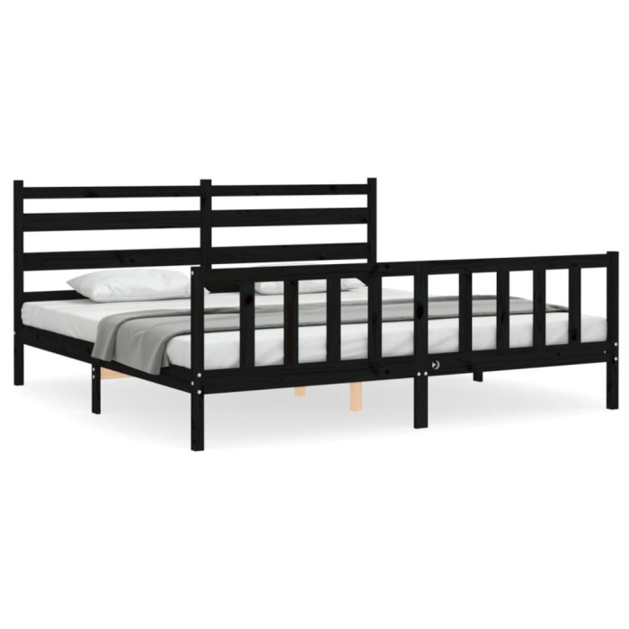 Cadru pat cu tablie 200x200 cm, negru, lemn masiv