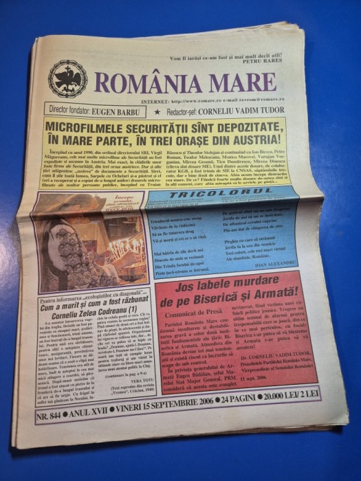 ziarul romania mare 15 septembrie 2006 - redactor sef corneliu vadim tudor