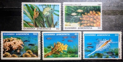 Grecia 1988 flora și fauna marina din Mediterana , creveți, pești , serie 5v. Neștampilat foto