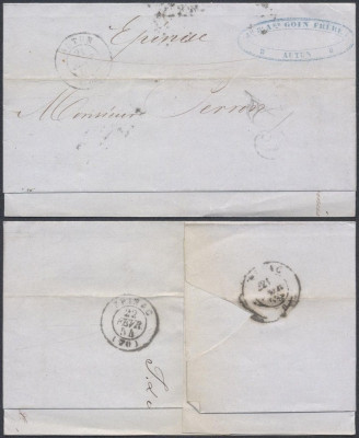 France 1854 Postal History Rare Stampless Cover + Content Autun Epinac D.1023 foto