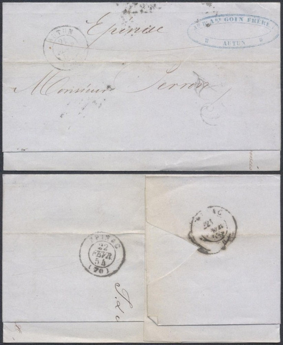 France 1854 Postal History Rare Stampless Cover + Content Autun Epinac D.1023