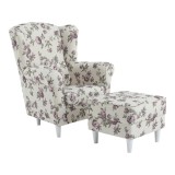 Set fotoliu cu taburet, tapiterie textil roses, Astrid, 86x72x105 cm
