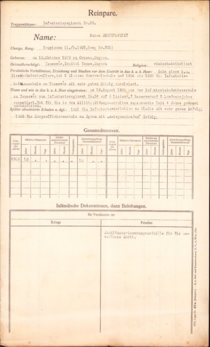 HST A1370 Lot 11 acte militare căpitan Martinovszky Reg 39 Infanterie kuk