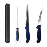 Cumpara ieftin Set profesional de macelarie, dezosat, transat, filetat, 2 cutite, otel carbon, suport magnetic, masat pentru ascutit