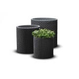 Set 3 Ghivece Rotunde Keter Cylinder Antracit (S, M, L) - Gradina, Terasa, Interior - Plastic Ratan Imitatie - Rezistent UV, Intemperii