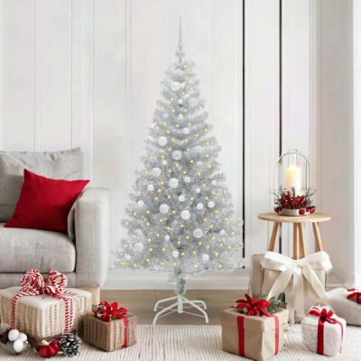 vidaXL Brad de Crăciun cu 150 LED cu suport Argintiu 150 cm PET 3396664 foto