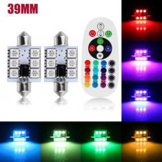 Set Becuri LED SOFIT 6 SMD 39MM Lumina Ambientala Auto, Multicolor RGB cu Telecomanda si Intensitate Reglabila foto