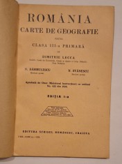 Manual &bdquo;Rom&acirc;nia. Carte de Geografie&rdquo; &ndash; Dimitrie Lecca, Editura Scrisul Rom&acirc;nesc, Craiova, 1928 &ndash; cu hartă pliată color (Rom&acirc;nia Mare)
