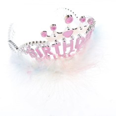Coroniță Party, Model Birthday Princess, Pene Albe, Mesaj Roz, Argintiu, 10cm
