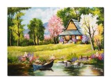 Cumpara ieftin Tablou peisaj cu casuta de poveste, barca la mal si copaci infloriti pictat manual, Colt de rai, 70x50cm ulei pe panza, Constantin Feraru