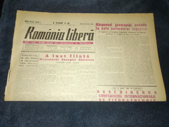 ZIARUL ROMANIA LIBERA 26 IULIE 1949