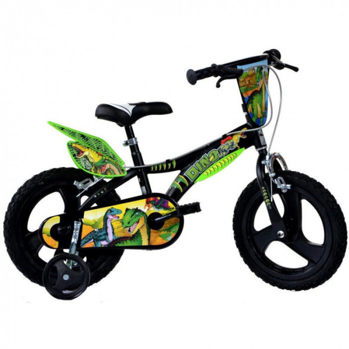 Bicicleta pentru copii Dinozaur T-Rex Dino Bikes, 14 inch, jante compozit, roti ajutatoare incluse, maxim 50 kg, 4-5 ani