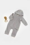 Salopeta Elefant cu maneca lunga si gluga din 80%bumbac organic si 20% poliester - Gri, BabyCosy (Marime: 18-24 Luni)