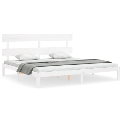 Cadru de pat cu tablie Super King Size, alb, lemn masiv foto