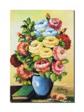 Cumpara ieftin Tablou pictat manual, Vaza cu flori albastre, galbene si rosii, 50x35cm ulei pe panza, Constantin Feraru