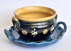 Set 2 vase ceramice smaltuite, pictate manual, platou cu toarte impletite + bol cu toarte, obiecte decor vintage