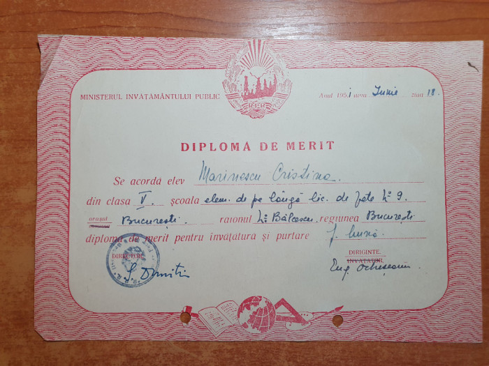 diploma de merit clasa a 5-a-scoala de pe langa liceul de fete bucuresti - 1951