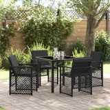 Set mese gradina Gossi 5 piese cu perne negru din poli ratan, masa gradina Gossi neagra 80x80x73 cm din sticla securizata