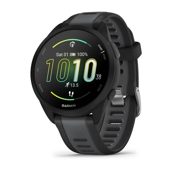 Ceas garmin forerunner 165 black/grey display amoled dimensiune afisaj 30.4 mm rezolutie afisaj 390x390 pixeli