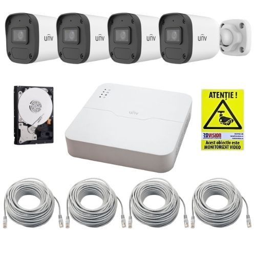 Sistem supraveghere IP UNV, 4 camere de exterior, 4MP, IR 30m, Microfon, PoE, Vizualizare pe mobil, NVR 4 canale, HDD 1TB, Accesorii SafetyGuard Surve