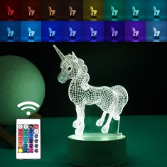 Lampa LED decorativa, Flippy, 3D, Unicorn, cu USB si baterii, 20 cm inaltime, din material acril, lumina multicolora si telecomanda inclusa, alb foto