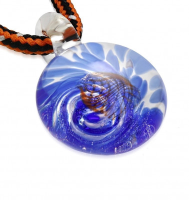 Colier din cordon - sticlă colorată cu spirală de culoare albastră, valuri portocalii foto