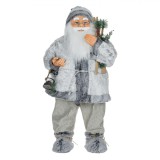 Figurină Decorativă Crăciun, Moș Crăciun, 80cm, Culoare Gri, Material Poliester, Schiuri din Lemn, Oem