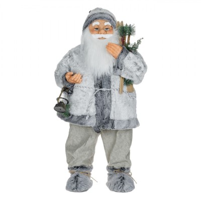 Figurină Decorativă Crăciun, Moș Crăciun, 80cm, Culoare Gri, Material Poliester, Schiuri din Lemn foto