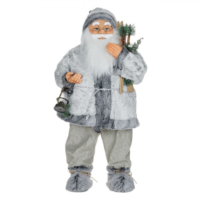 Figurină Decorativă Crăciun, Moș Crăciun, 80cm, Culoare Gri, Material Poliester, Schiuri din Lemn