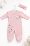 Salopeta bebe fete roz flori brodate fluture bumbac cu bentita (Marime