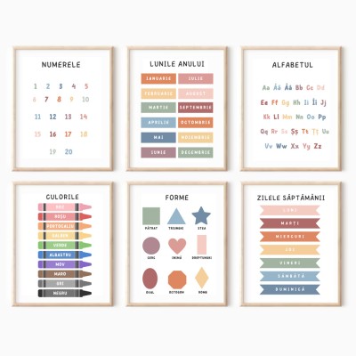 Set 6 tablouri educative pentru camera copilului, rama Natur, 18x24 cm foto