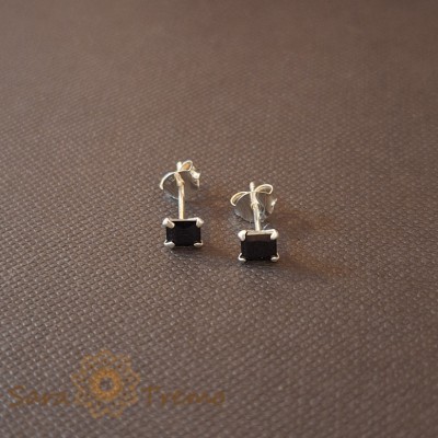 Cercei Unisex Argint 925 cu Cristal Zirconia Negru Patrat, 4 mm foto