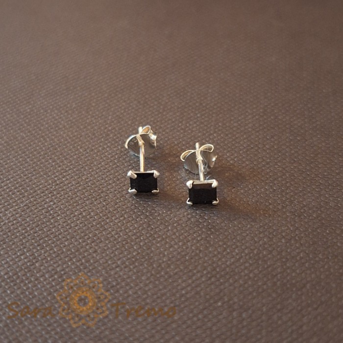 Cercei Unisex Argint 925 cu Cristal Zirconia Negru Patrat, 4 mm