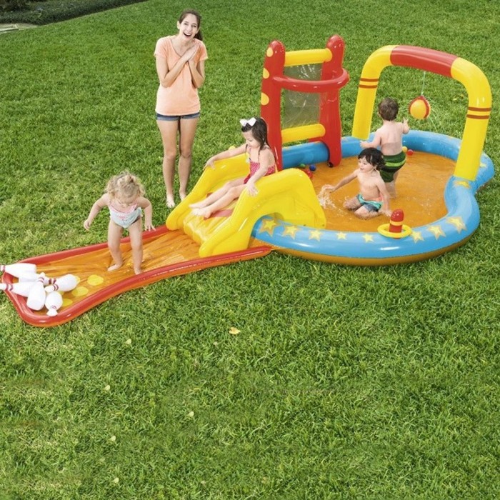 Centru de joaca acvatic pentru copii, multiple jocuri, piscina, tobogan, 435x213x117 cm