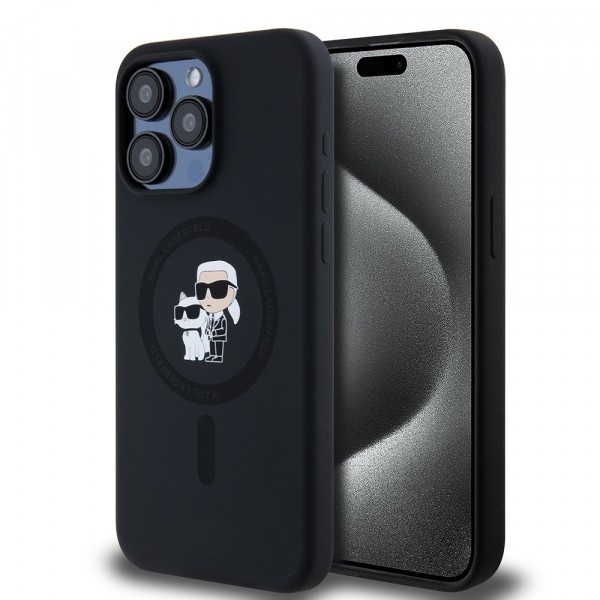 Husa MagSafe pentru Apple iPhone 15 Pro Max, Karl Lagerfeld, Silicone Ring Karl &amp; Choupette, Neagra