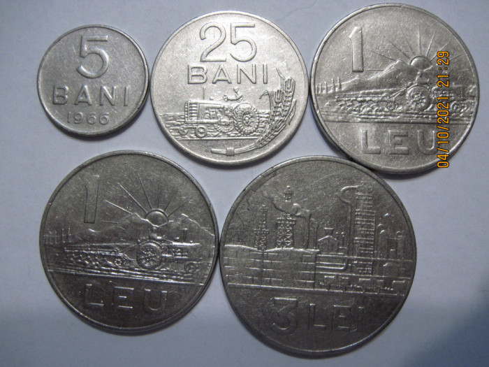 Romania (e111) - 5, 25 Bani, 1 Leu (2 pcs.), 3 Lei 1966