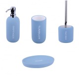 Cumpara ieftin Set 4 accesorii pentru baie format din savoniera, dozator sapun, pahar igiena dentara si perie Wc, Ceramica cauciucata, Albastru, Oem