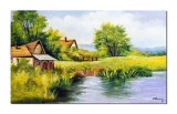 Cumpara ieftin Tablou peisaj de vara cu case langa rau pictat manual, Colt de rai, 100x60cm ulei pe panza Constantin Feraru