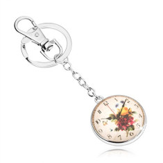 Breloc &icirc;n stilul cabochon, sticlă transparentă, convexă, model - un ceas cu flori