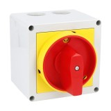 Intrerupator 32A 11kw 0-1 ON-OFF 3 poli IP65 90x90mm cu came industrial aplicat casetat cu maner galben rosu, KONCAR