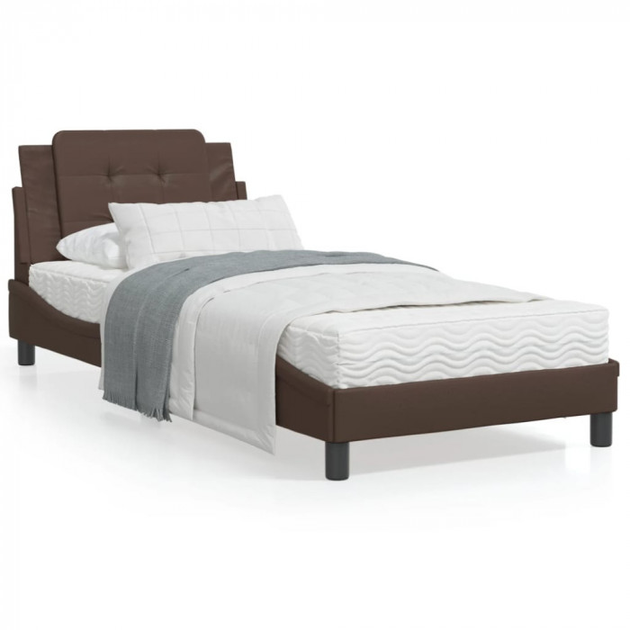 vidaXL Cadru de pat cu lumini LED, maro, 90x200 cm, piele ecologică