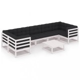 Set mobilier gradina cu perne, 8 piese, alb, lemn masiv de pin