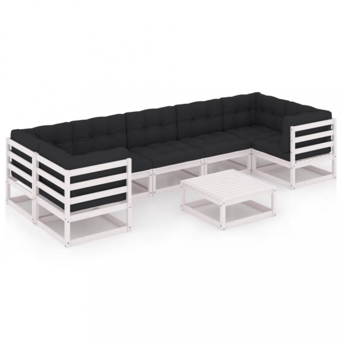 Set mobilier gradina cu perne, 8 piese, alb, lemn masiv de pin