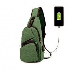 Geanta crossbody, umar sau piept cu port de incarcare USB-Culoare Verde