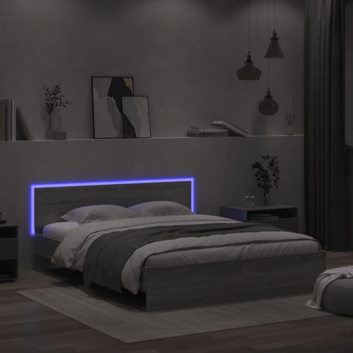 vidaXL Cadru de pat cu tăblie și LED, gri sonoma, 160x200 cm