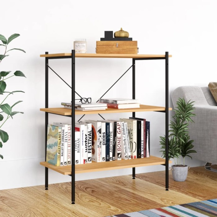 Gossi unitate cu rafturi pe 3 niveluri, negru si stejar, 80x40x92 cm